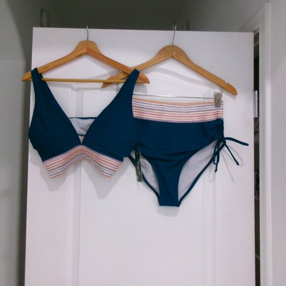 New 2 Piece High Waist Bikini Set Blooming Jelly Turquoise Teal Blue L Ruched - Picture 5 of 12